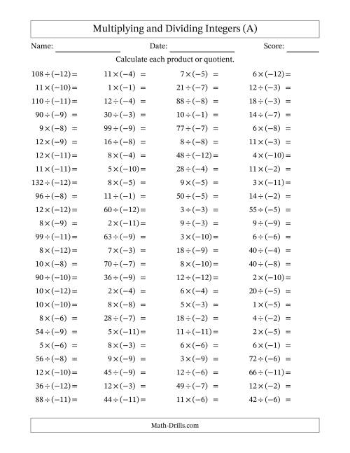 The Multiplying and Dividing Positive and Negative Integers from -12 to 12 (100 Questions) (A) Math Worksheet