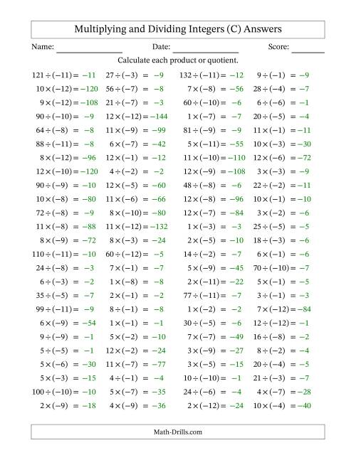 The Multiplying and Dividing Positive and Negative Integers from -12 to 12 (100 Questions) (C) Math Worksheet Page 2
