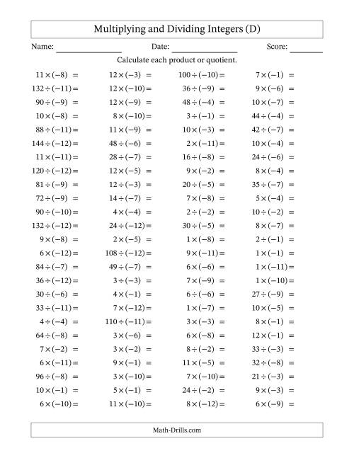 The Multiplying and Dividing Positive and Negative Integers from -12 to 12 (100 Questions) (D) Math Worksheet