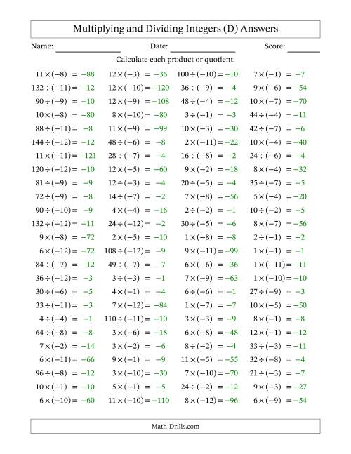 The Multiplying and Dividing Positive and Negative Integers from -12 to 12 (100 Questions) (D) Math Worksheet Page 2