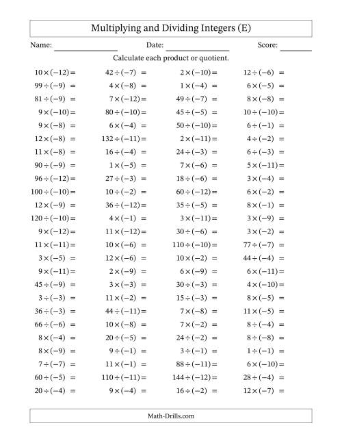 The Multiplying and Dividing Positive and Negative Integers from -12 to 12 (100 Questions) (E) Math Worksheet