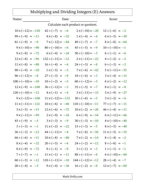 The Multiplying and Dividing Positive and Negative Integers from -12 to 12 (100 Questions) (E) Math Worksheet Page 2