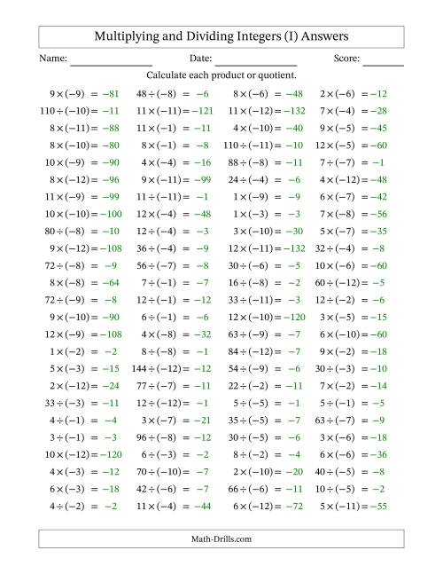 The Multiplying and Dividing Positive and Negative Integers from -12 to 12 (100 Questions) (I) Math Worksheet Page 2