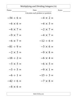 Multiplying and Dividing Negative and Positive Integers from -9 to 9 (25 Questions; Large Print)