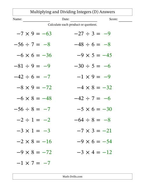 The Multiplying and Dividing Negative and Positive Integers from -9 to 9 (25 Questions; Large Print) (D) Math Worksheet Page 2