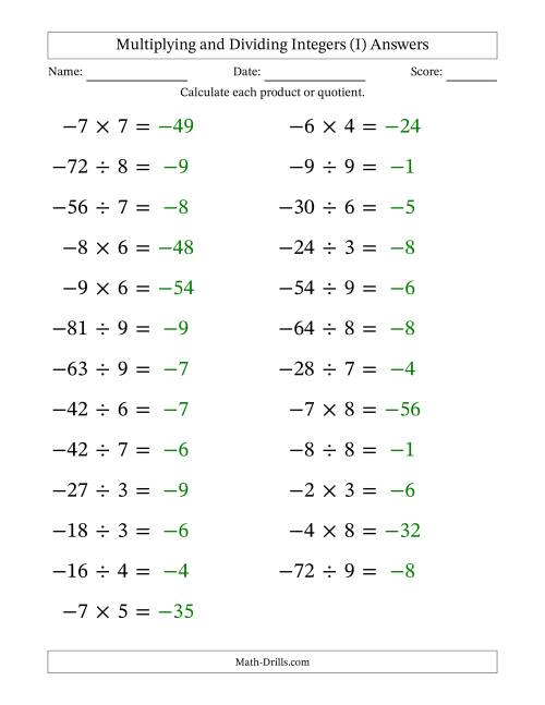 The Multiplying and Dividing Negative and Positive Integers from -9 to 9 (25 Questions; Large Print) (I) Math Worksheet Page 2