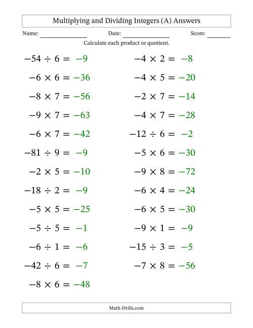 The Multiplying and Dividing Negative and Positive Integers from -9 to 9 (25 Questions; Large Print) (All) Math Worksheet Page 2