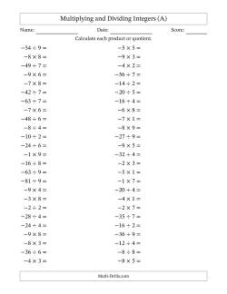 Multiplying and Dividing Negative and Positive Integers from -9 to 9 (50 Questions)