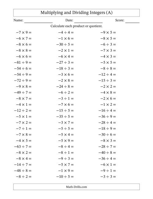The Multiplying and Dividing Negative and Positive Integers from -9 to 9 (75 Questions) (A) Math Worksheet