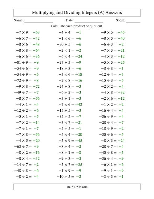 The Multiplying and Dividing Negative and Positive Integers from -9 to 9 (75 Questions) (A) Math Worksheet Page 2
