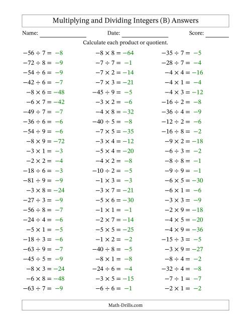 The Multiplying and Dividing Negative and Positive Integers from -9 to 9 (75 Questions) (B) Math Worksheet Page 2