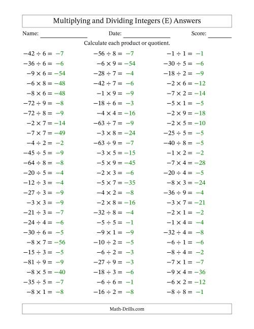 The Multiplying and Dividing Negative and Positive Integers from -9 to 9 (75 Questions) (E) Math Worksheet Page 2