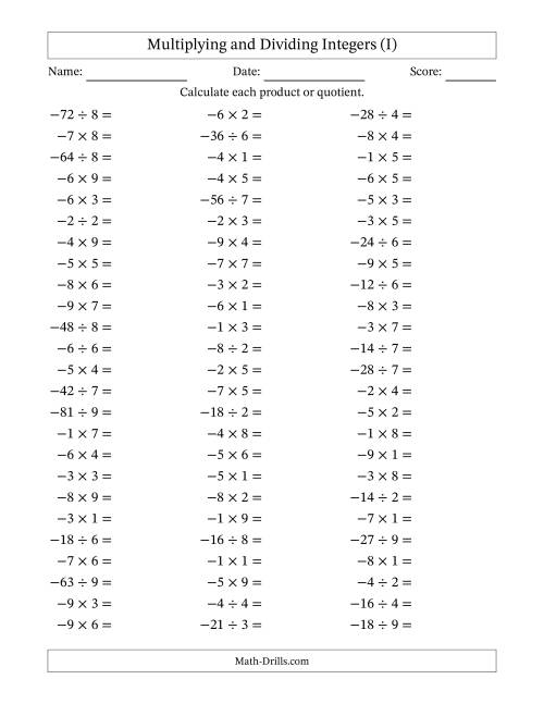 The Multiplying and Dividing Negative and Positive Integers from -9 to 9 (75 Questions) (I) Math Worksheet