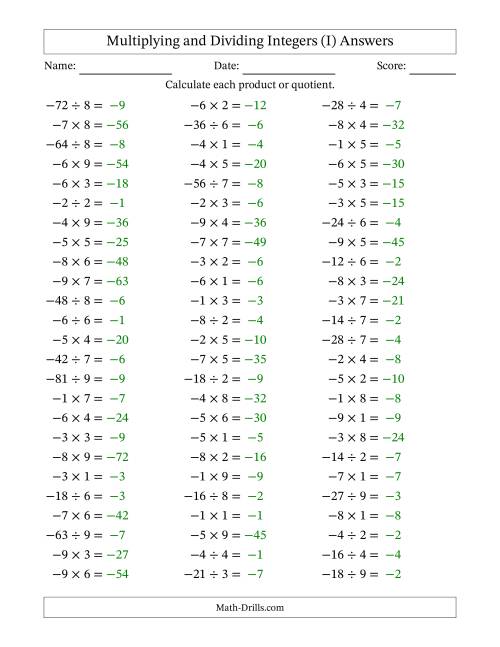 The Multiplying and Dividing Negative and Positive Integers from -9 to 9 (75 Questions) (I) Math Worksheet Page 2
