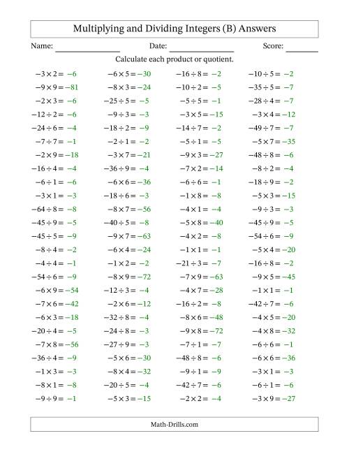 The Multiplying and Dividing Negative and Positive Integers from -9 to 9 (100 Questions) (B) Math Worksheet Page 2