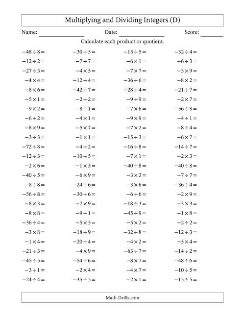 The Multiplying and Dividing Negative and Positive Integers from -9 to 9 (100 Questions) (D) Math Worksheet