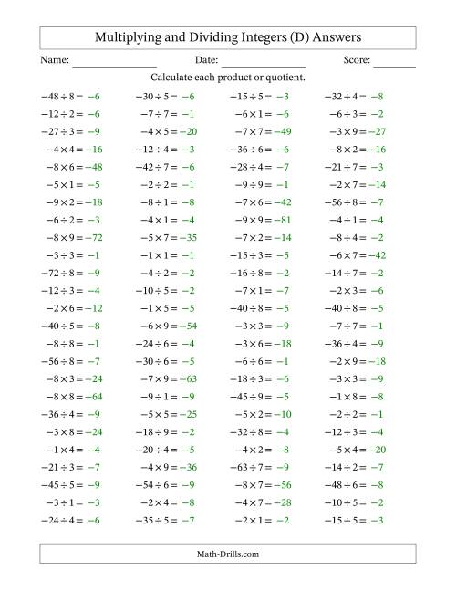 The Multiplying and Dividing Negative and Positive Integers from -9 to 9 (100 Questions) (D) Math Worksheet Page 2