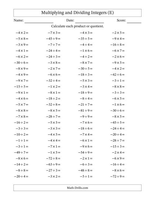 The Multiplying and Dividing Negative and Positive Integers from -9 to 9 (100 Questions) (E) Math Worksheet