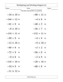 Multiplying and Dividing Negative and Positive Integers from -12 to 12 (25 Questions; Large Print)