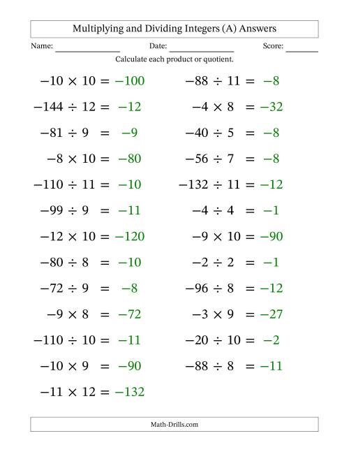 The Multiplying and Dividing Negative and Positive Integers from -12 to 12 (25 Questions; Large Print) (A) Math Worksheet Page 2