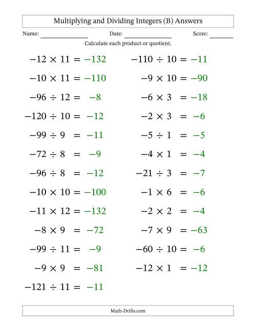 The Multiplying and Dividing Negative and Positive Integers from -12 to 12 (25 Questions; Large Print) (B) Math Worksheet Page 2