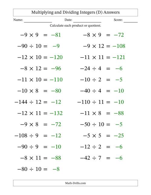 The Multiplying and Dividing Negative and Positive Integers from -12 to 12 (25 Questions; Large Print) (D) Math Worksheet Page 2