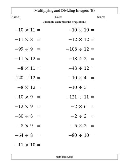 The Multiplying and Dividing Negative and Positive Integers from -12 to 12 (25 Questions; Large Print) (E) Math Worksheet