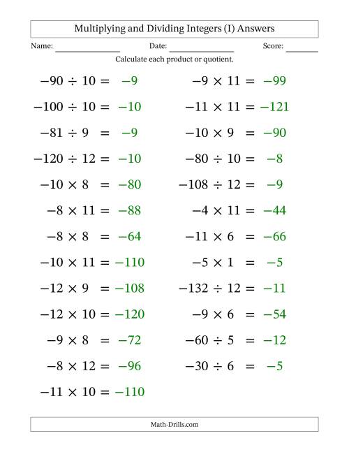 The Multiplying and Dividing Negative and Positive Integers from -12 to 12 (25 Questions; Large Print) (I) Math Worksheet Page 2