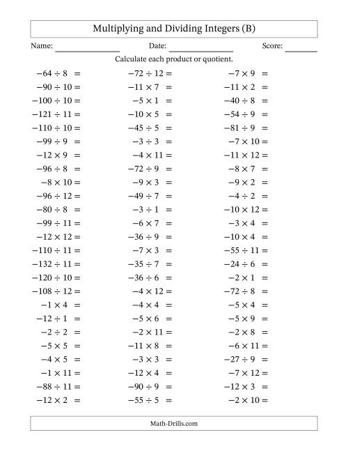 The Multiplying and Dividing Negative and Positive Integers from -12 to 12 (75 Questions) (B) Math Worksheet