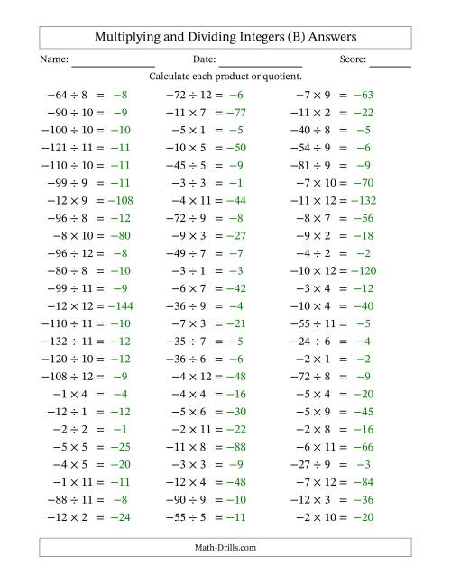 The Multiplying and Dividing Negative and Positive Integers from -12 to 12 (75 Questions) (B) Math Worksheet Page 2