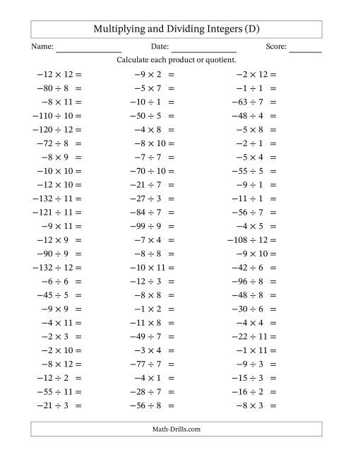 The Multiplying and Dividing Negative and Positive Integers from -12 to 12 (75 Questions) (D) Math Worksheet