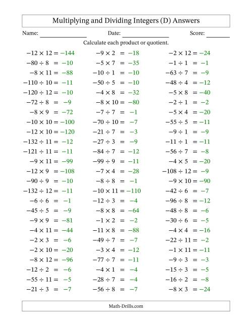 The Multiplying and Dividing Negative and Positive Integers from -12 to 12 (75 Questions) (D) Math Worksheet Page 2
