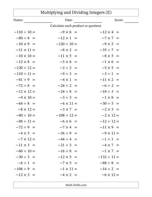 The Multiplying and Dividing Negative and Positive Integers from -12 to 12 (75 Questions) (E) Math Worksheet