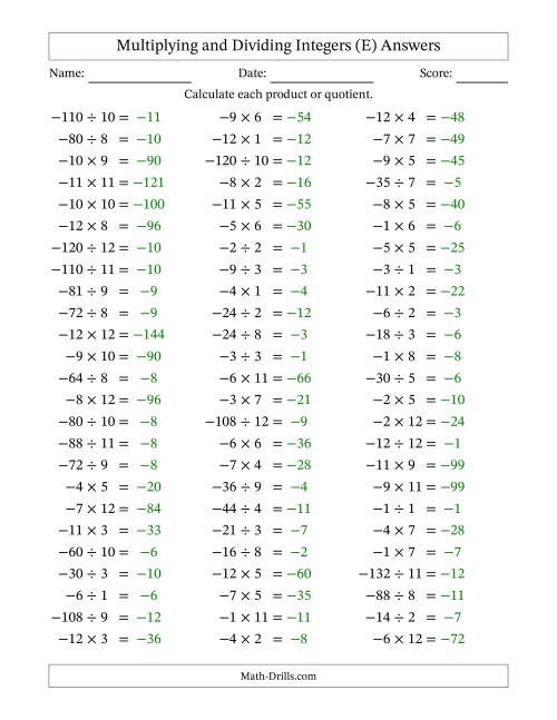 The Multiplying and Dividing Negative and Positive Integers from -12 to 12 (75 Questions) (E) Math Worksheet Page 2