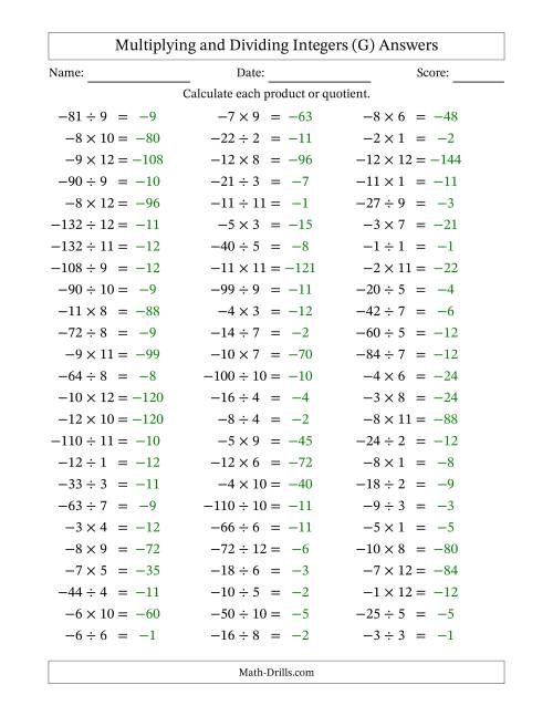 The Multiplying and Dividing Negative and Positive Integers from -12 to 12 (75 Questions) (G) Math Worksheet Page 2