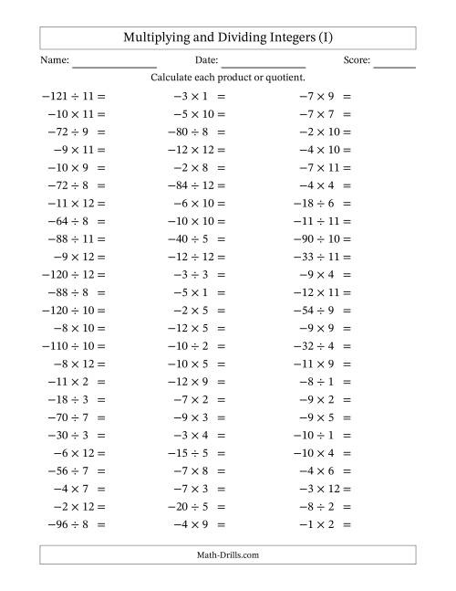 The Multiplying and Dividing Negative and Positive Integers from -12 to 12 (75 Questions) (I) Math Worksheet