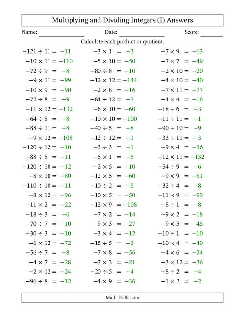The Multiplying and Dividing Negative and Positive Integers from -12 to 12 (75 Questions) (I) Math Worksheet Page 2
