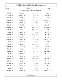 Multiplying and Dividing Negative and Positive Integers from -12 to 12 (100 Questions)