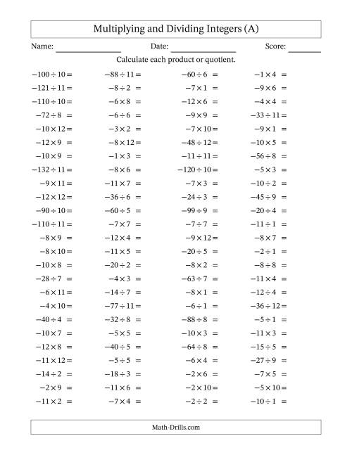 The Multiplying and Dividing Negative and Positive Integers from -12 to 12 (100 Questions) (A) Math Worksheet