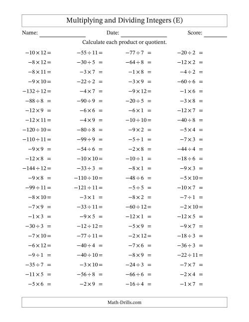 The Multiplying and Dividing Negative and Positive Integers from -12 to 12 (100 Questions) (E) Math Worksheet