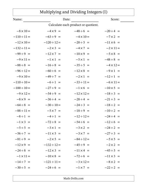 The Multiplying and Dividing Negative and Positive Integers from -12 to 12 (100 Questions) (I) Math Worksheet
