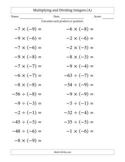 Multiplying and Dividing Negative and Negative Integers from -9 to -1 (25 Questions; Large Print)