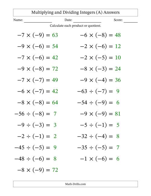 The Multiplying and Dividing Negative and Negative Integers from -9 to -1 (25 Questions; Large Print) (A) Math Worksheet Page 2