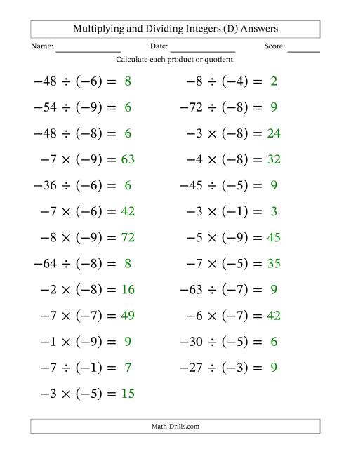 The Multiplying and Dividing Negative and Negative Integers from -9 to -1 (25 Questions; Large Print) (D) Math Worksheet Page 2
