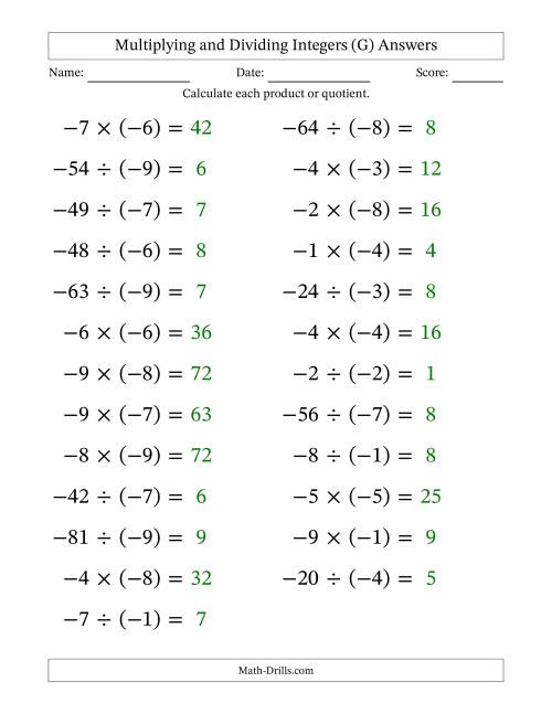 The Multiplying and Dividing Negative and Negative Integers from -9 to -1 (25 Questions; Large Print) (G) Math Worksheet Page 2