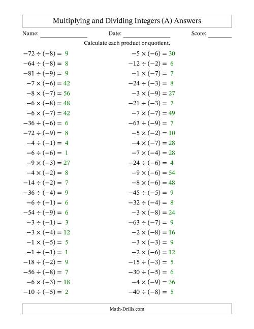 The Multiplying and Dividing Negative and Negative Integers from -9 to -1 (50 Questions) (A) Math Worksheet Page 2