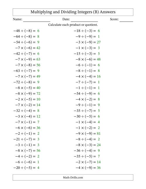 The Multiplying and Dividing Negative and Negative Integers from -9 to -1 (50 Questions) (B) Math Worksheet Page 2
