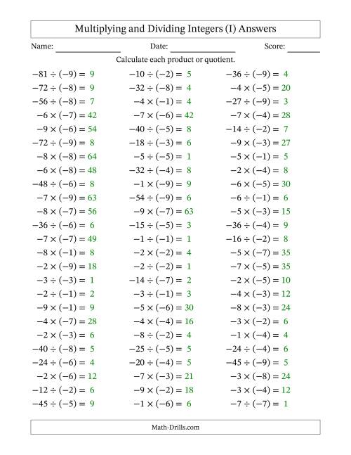 The Multiplying and Dividing Negative and Negative Integers from -9 to -1 (75 Questions) (I) Math Worksheet Page 2