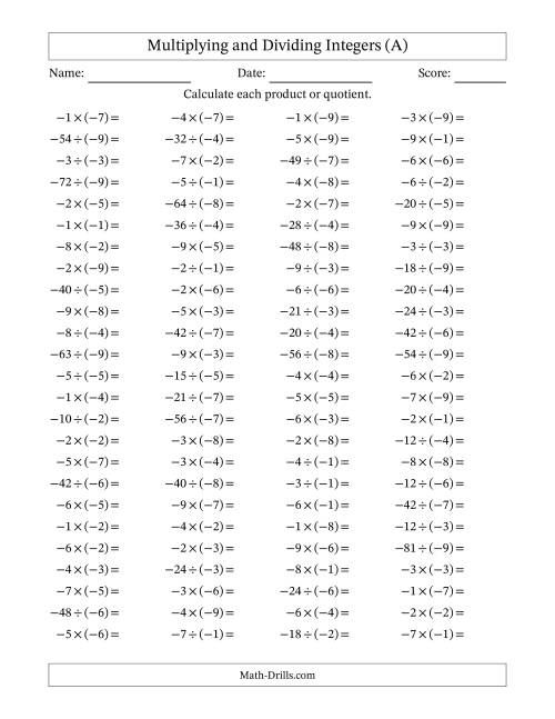 The Multiplying and Dividing Negative and Negative Integers from -9 to -1 (100 Questions) (A) Math Worksheet