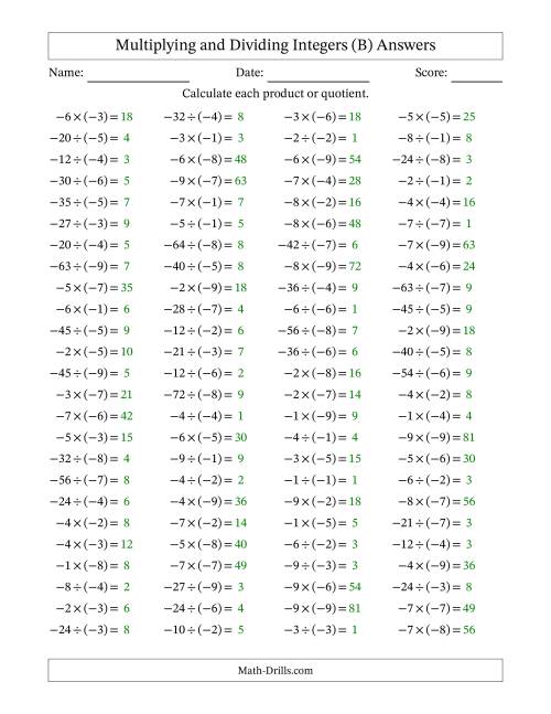 The Multiplying and Dividing Negative and Negative Integers from -9 to -1 (100 Questions) (B) Math Worksheet Page 2